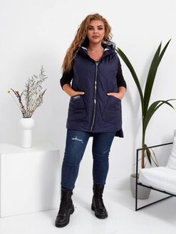 Женская жилетка с накладными карманами синего цвета, Цвет: Синий, Размер: 56