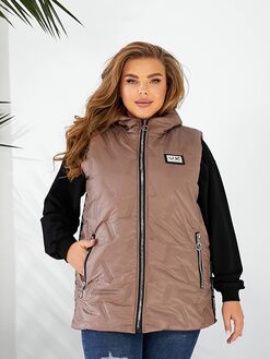 Женская жилетка цвет с капюшоном цвет мокко, Цвет: Темно-бежевый, Размер: 56