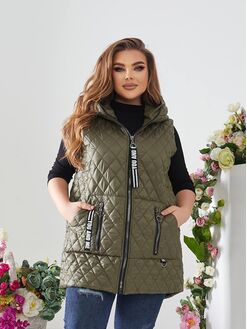 Женский стеганый жилет с накладными карманами цвета хаки, Цвет: Хаки, Размер: 48