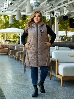 Женская удлиненная демисезонная жилетка цвет мокко, Цвет: Темно-бежевый, Размер: 56