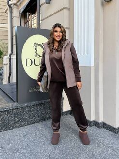 Женский велюровый костюм тройка с жилеткой цвет шоколадный, Цвет: Коричневый, Размер: 48