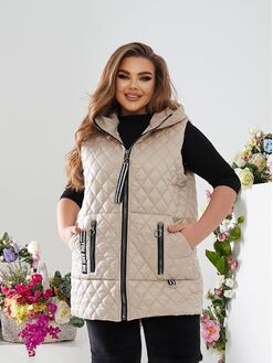 Женский стеганый жилет с накладными карманами молочного цвета, Цвет: Молочный, Размер: 56