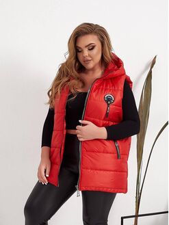 Женский стеганый жилет прямого кроя с карманами на змейке красного цвета, Цвет: Красный, Размер: 48