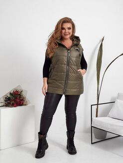 Женский стеганый жилет прямого кроя с карманами на змейке цвет хаки, Цвет: Хаки, Размер: 48