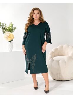 Женское трикотажное платье миди свободного кроя цвет изумрудный, Цвет: Изумрудный, Размер: 48