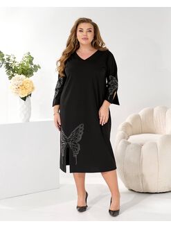 Женское трикотажное платье миди свободного кроя цвет черный, Цвет: Черный, Размер: 48