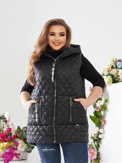 Женский стеганый жилет с накладными карманами черного цвета, Цвет: Черный, Размер: 52