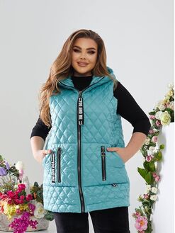 Женский стеганый жилет с накладными карманами цвета бирюза, Цвет: Бирюзовый, Размер: 56