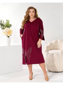 Женское трикотажное платье миди свободного кроя цвет бордо, Цвет: Бордовый, Размер: 48