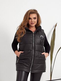Женский стеганый жилет прямого кроя с карманами на змейке черного цвета, Цвет: Черный, Размер: 48