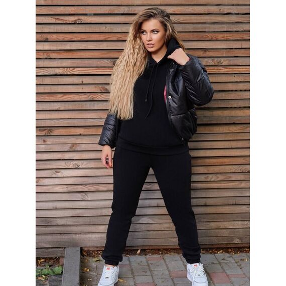Жіночий спортивний костюм на флісі з курткою чорного кольору, Колір: Чорний, Розмір: 42