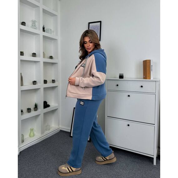 Жіночий теплий костюм двійка колір джинс-беж, Колір: Блакитний, Розмір: 58, зображення 2