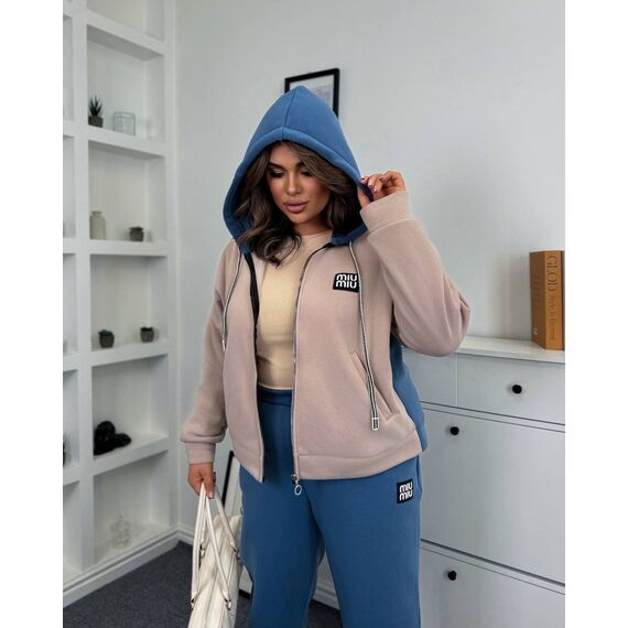 Жіночий теплий костюм двійка колір джинс-беж, Колір: Блакитний, Розмір: 58, зображення 6