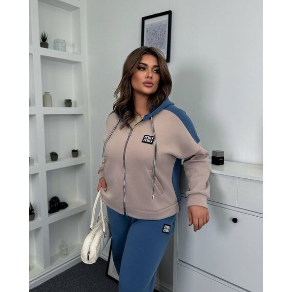 Жіночий теплий костюм двійка колір джинс-беж, Колір: Блакитний, Розмір: 58, зображення 5