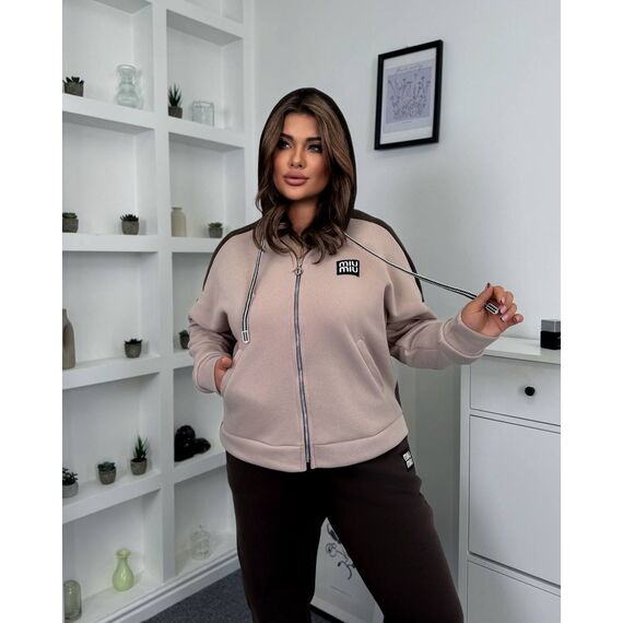 Жіночий теплий костюм двійка колір шоколад-беж, Колір: Коричневий, Розмір: 58, зображення 3