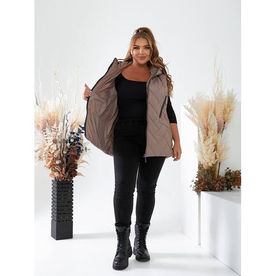 Женская жилетка с капюшоном цвет мокко, Цвет: Темно-бежевый, Размер: 56, изображение 7