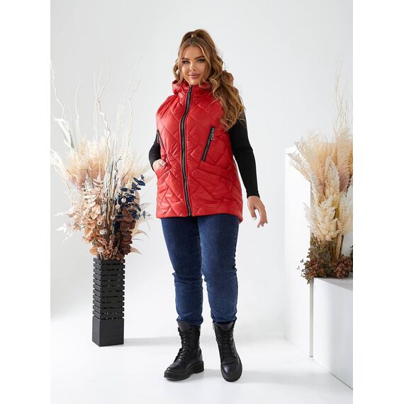 Женская жилетка с капюшоном цвет красный, Цвет: Красный, Размер: 56, изображение 2