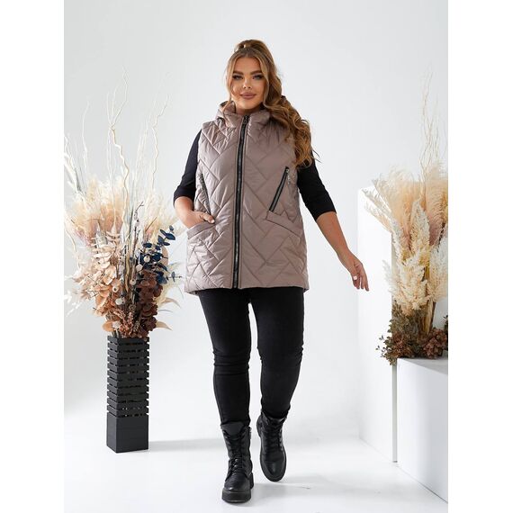 Женская жилетка с капюшоном цвет мокко, Цвет: Темно-бежевый, Размер: 56, изображение 4