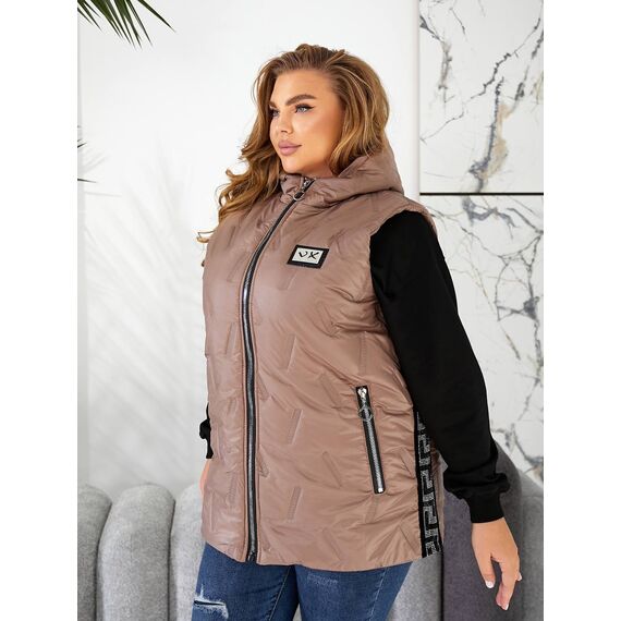 Женская жилетка цвет с капюшоном цвет мокко, Цвет: Темно-бежевый, Размер: 48, изображение 3