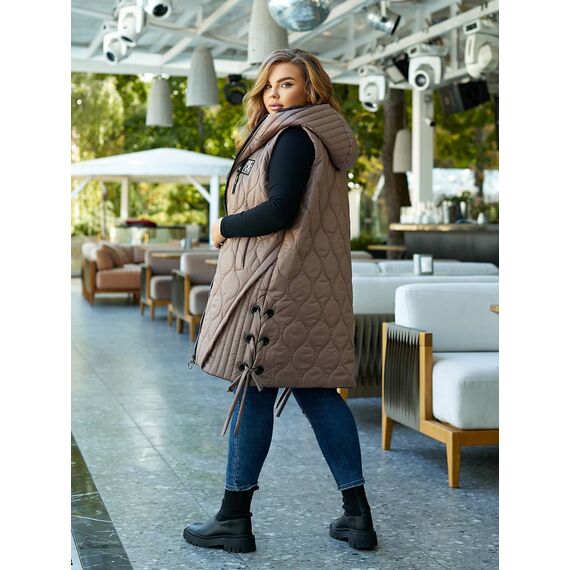 Женская удлиненная демисезонная жилетка цвет мокко, Цвет: Темно-бежевый, Размер: 56, изображение 6