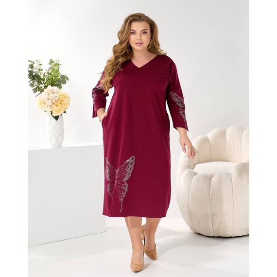 Женское трикотажное платье миди свободного кроя цвет бордо, Цвет: Бордовый, Размер: 48, изображение 2