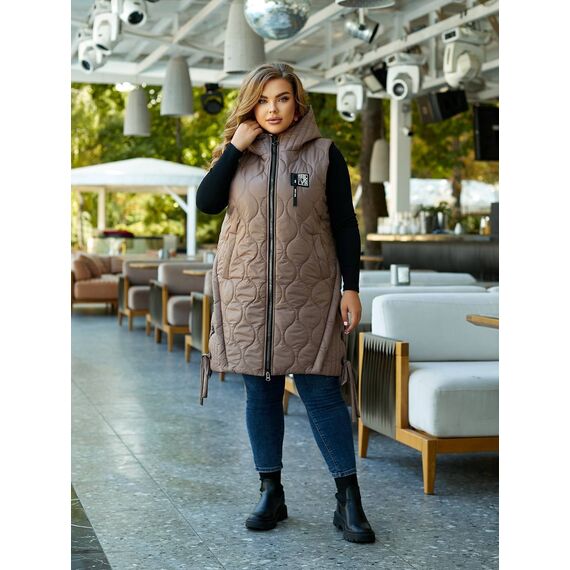 Женская удлиненная демисезонная жилетка цвет мокко, Цвет: Темно-бежевый, Размер: 56, изображение 2