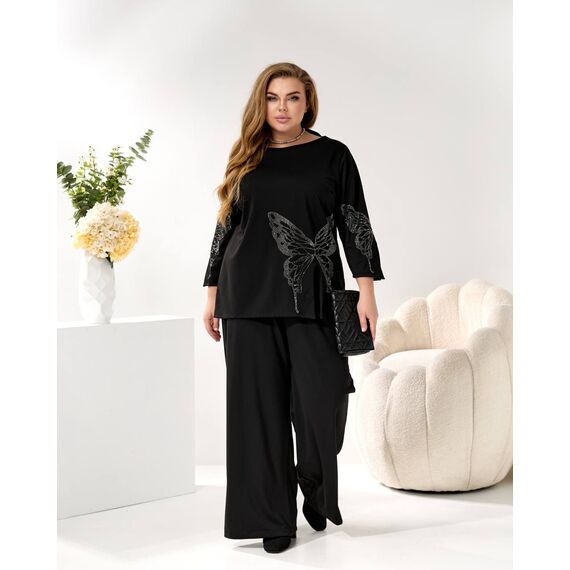 Женский трикотажный костюм двойка цвет черный, Цвет: Черный, Размер: 48