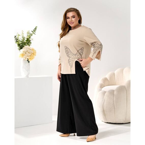 Женский трикотажный костюм двойка цвет бежевый-черный, Цвет: Бежевый, Размер: 48, изображение 4