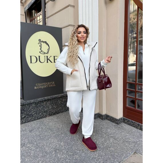 Женский велюровый костюм тройка с жилеткой цвет молочный, Цвет: Кремовий, Размер: 52