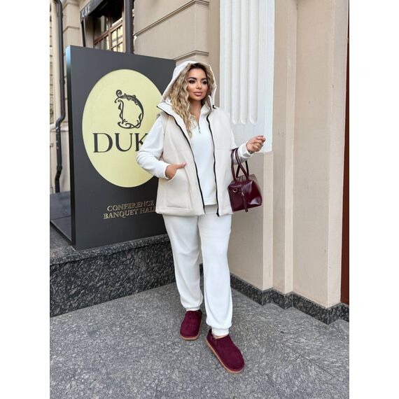 Женский велюровый костюм тройка с жилеткой цвет молочный, Цвет: Кремовий, Размер: 52, изображение 7