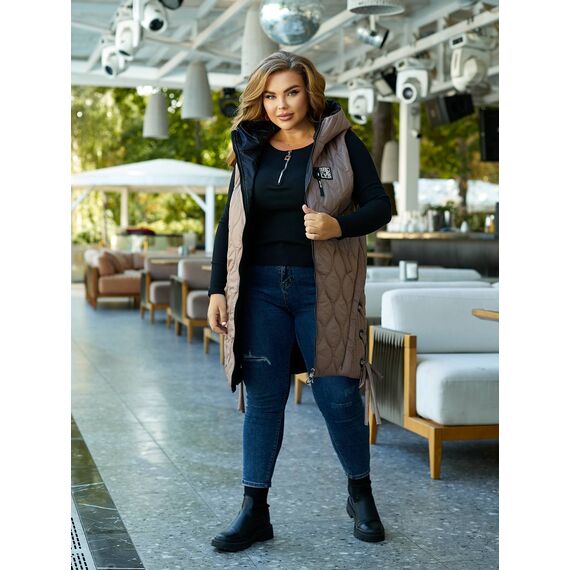 Женская удлиненная демисезонная жилетка цвет мокко, Цвет: Темно-бежевый, Размер: 56, изображение 4