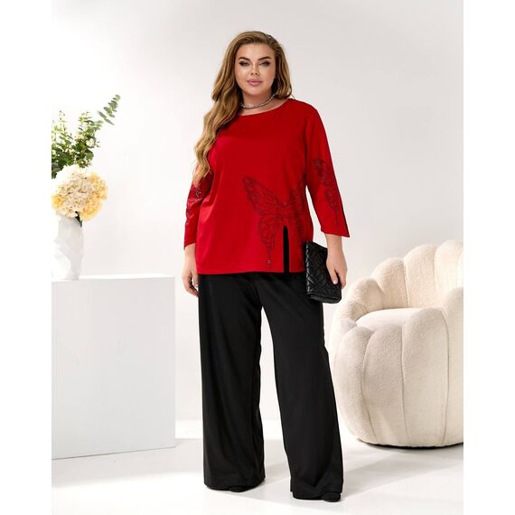 Женский трикотажный костюм двойка цвет красный-черный, Цвет: Красный, Размер: 48