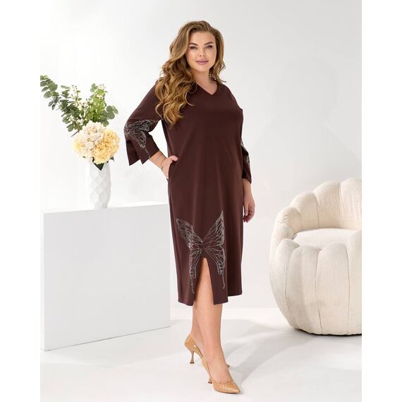 Женское трикотажное платье миди свободного кроя цвет коричневый, Цвет: Коричневый, Размер: 48, изображение 3