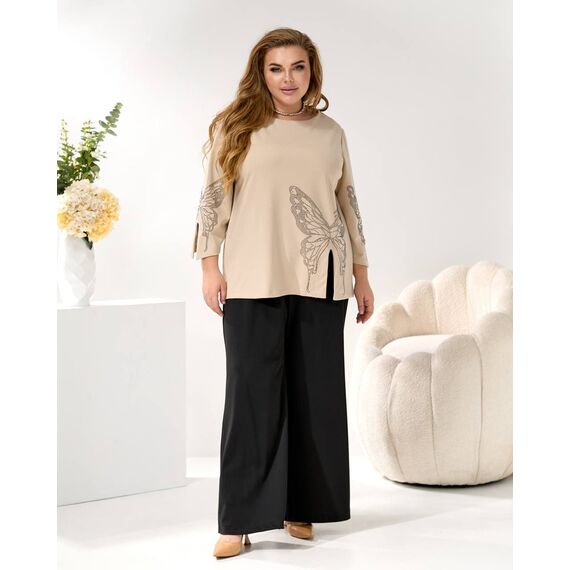 Женский трикотажный костюм двойка цвет бежевый-черный, Цвет: Бежевый, Размер: 48, изображение 2