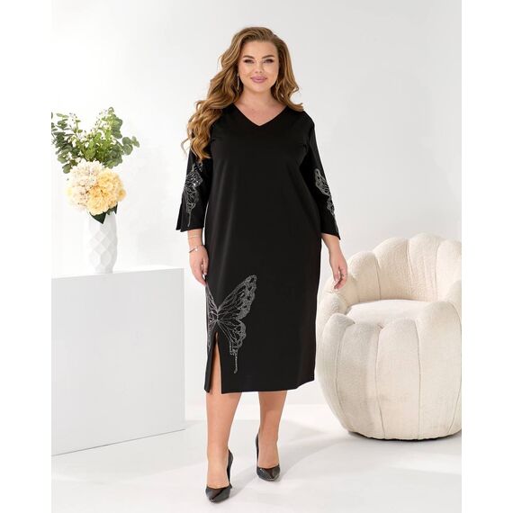 Женское трикотажное платье миди свободного кроя цвет черный, Цвет: Черный, Размер: 48, изображение 3