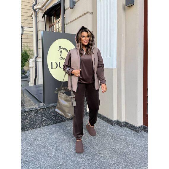 Женский велюровый костюм тройка с жилеткой цвет шоколадный, Цвет: Коричневый, Размер: 48, изображение 7