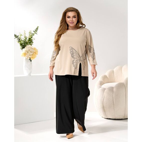 Женский трикотажный костюм двойка цвет бежевый-черный, Цвет: Бежевый, Размер: 48, изображение 3