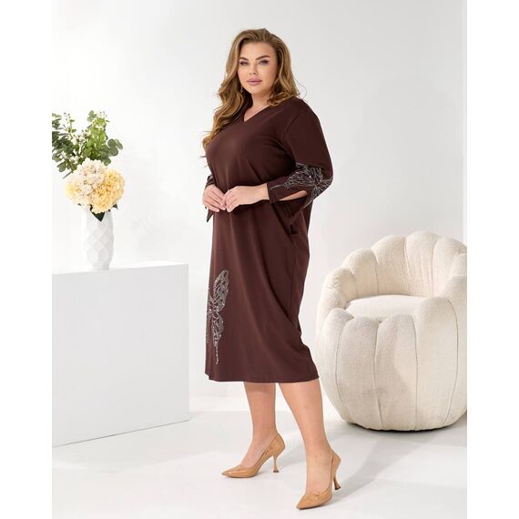 Женское трикотажное платье миди свободного кроя цвет коричневый, Цвет: Коричневый, Размер: 48, изображение 4