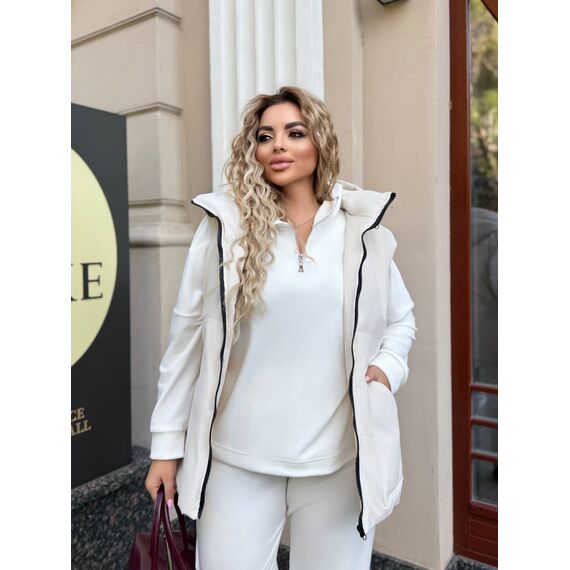 Женский велюровый костюм тройка с жилеткой цвет молочный, Цвет: Кремовий, Размер: 52, изображение 5