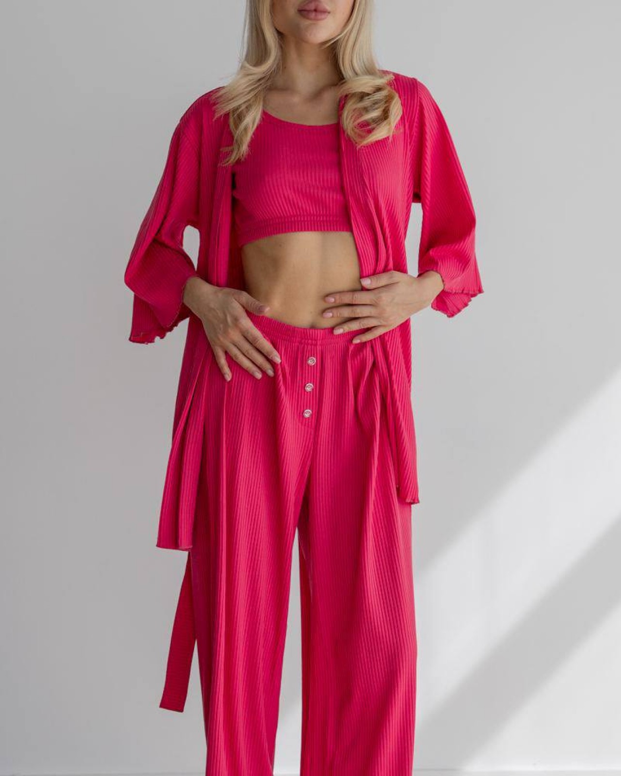 Жіночі піжамні штани в рубчик колір рожевий р.L 443806