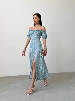 Жіноча літня сукня міді колір оливковий принт гілочка р.44 438590