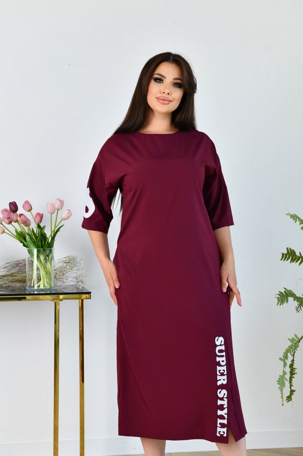 Жіноча сукня рукав 3/4 колір марсала р.56/58 438917