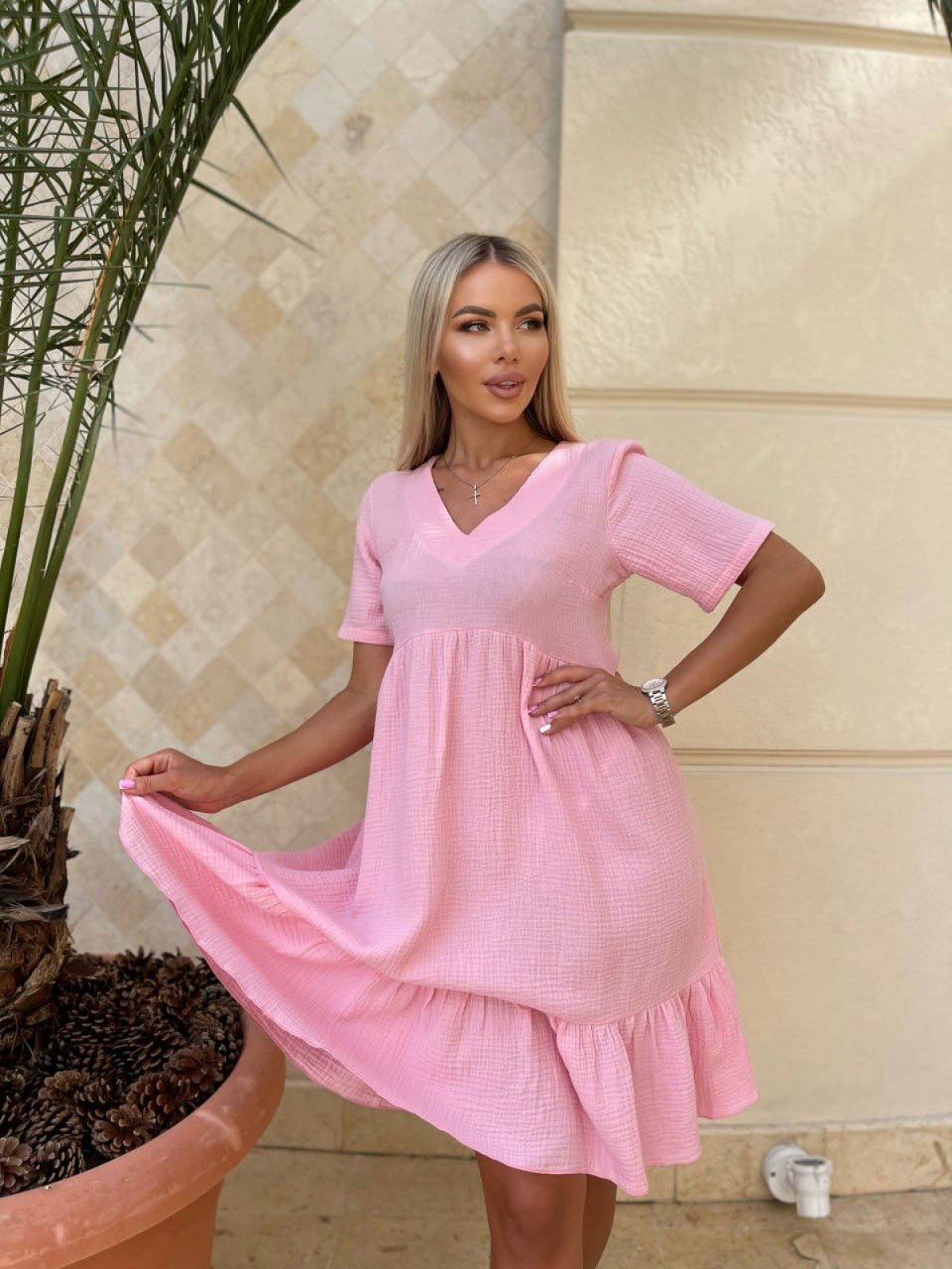 Жіноче плаття з мусліну колір рожевий р.42/46 456254