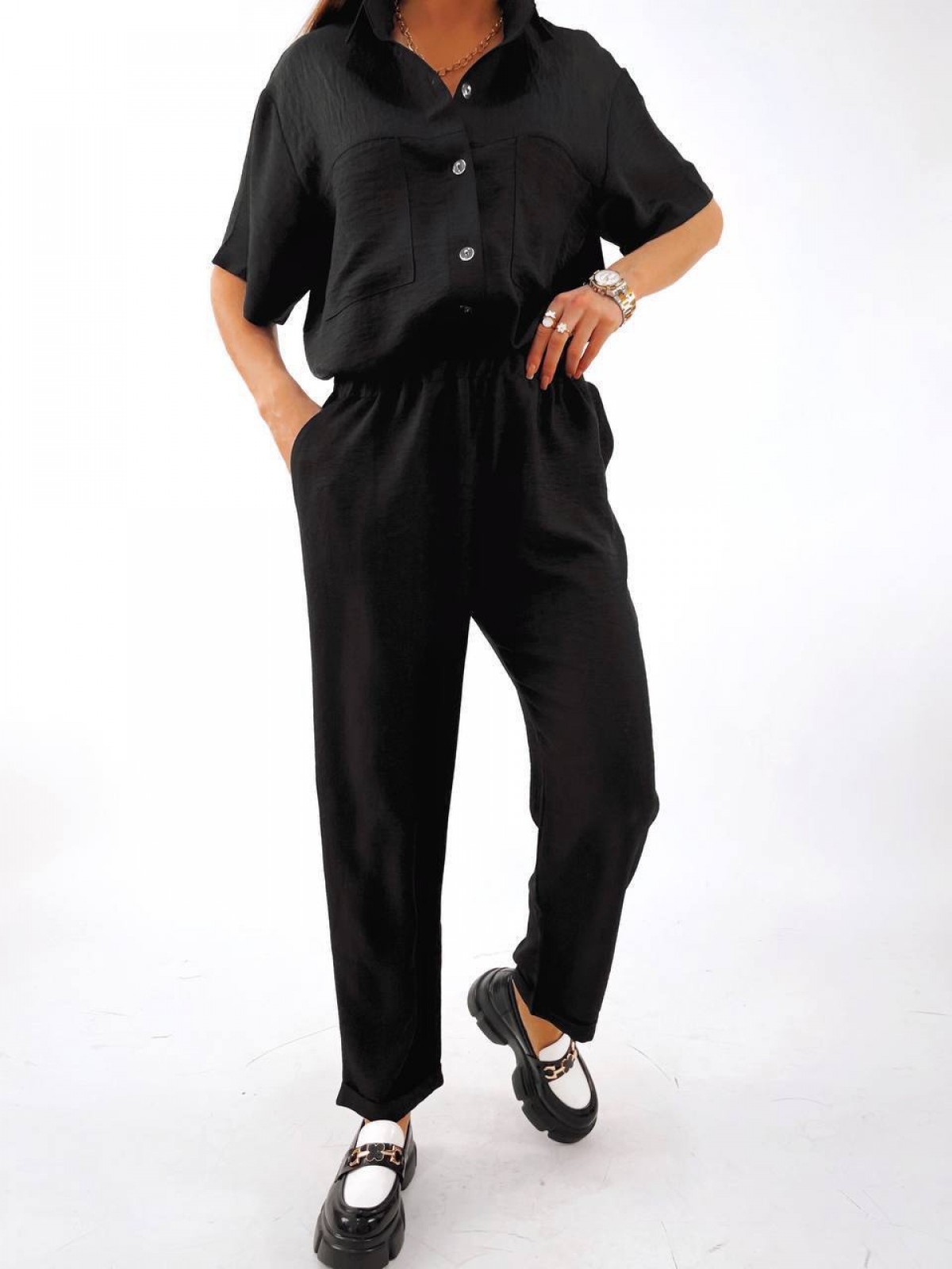 Жіночий лляний костюм сорочка та штани чорного кольору р.60/62 382943