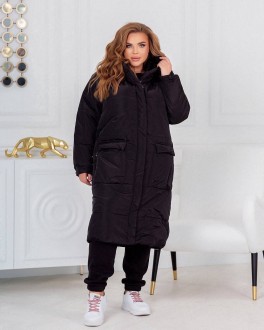 Жіноча тепла куртка-пальто з капюшоном колір чорний р.42/44 448984