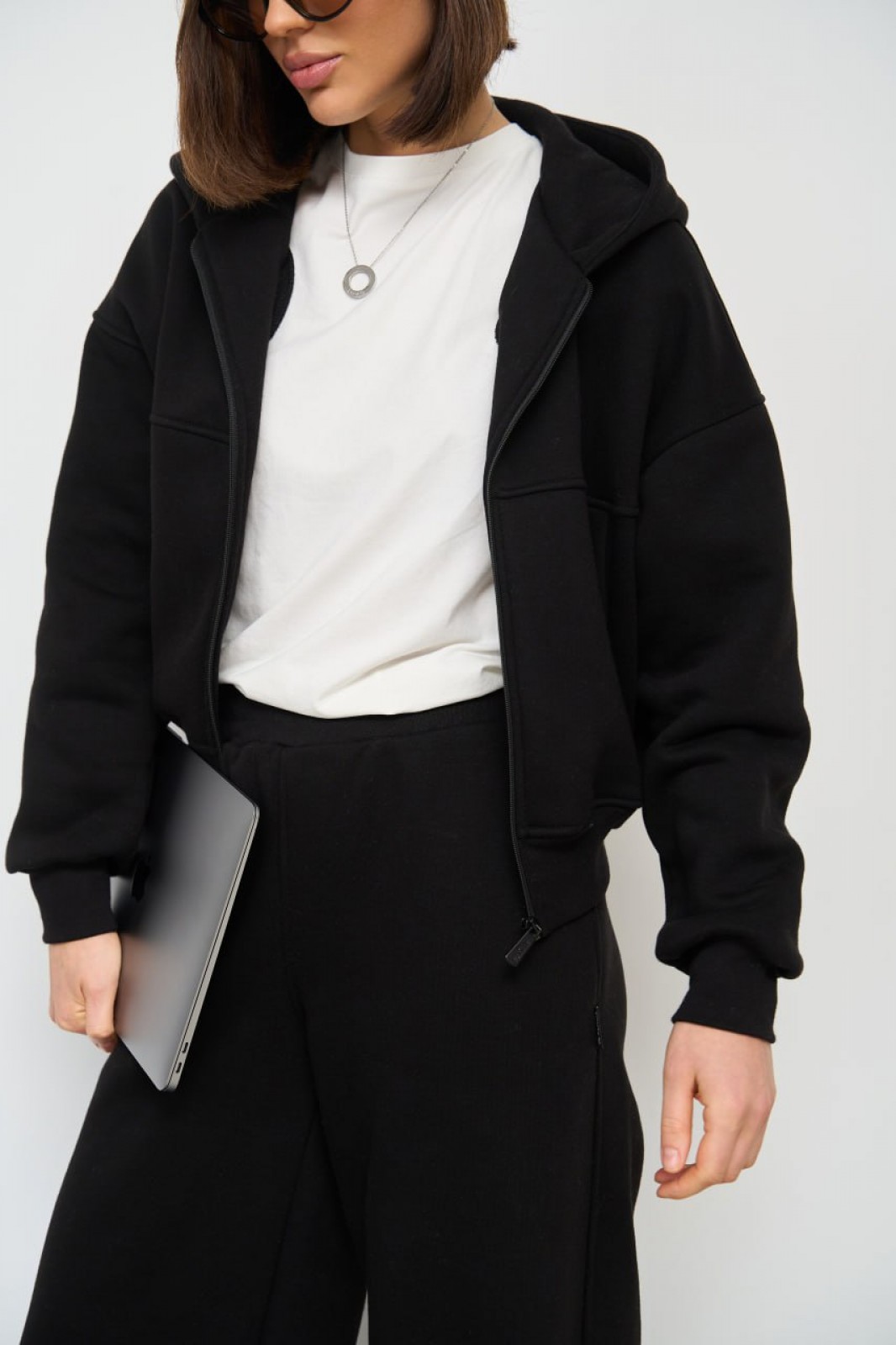 Жіночий костюм двійка з брюками палаццо колір чорний р.S 449487