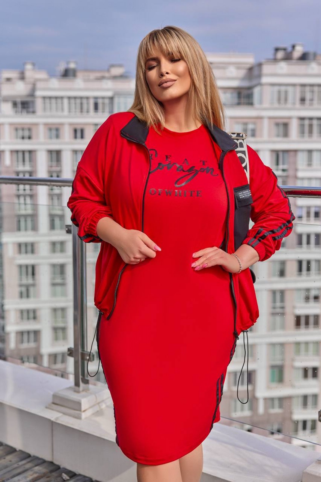 Жіночий костюм двійка сукня та кофта колір червоний р.58/60 453765
