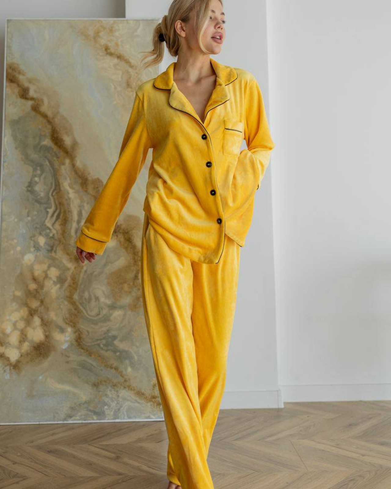 Жіноча піжама велюр Jeny на гудзиках колір жовтий р.XL 443802