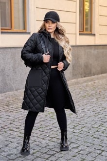 Жіноче тепле пальто із плащівки чорного кольору, малюнок ромб 384544