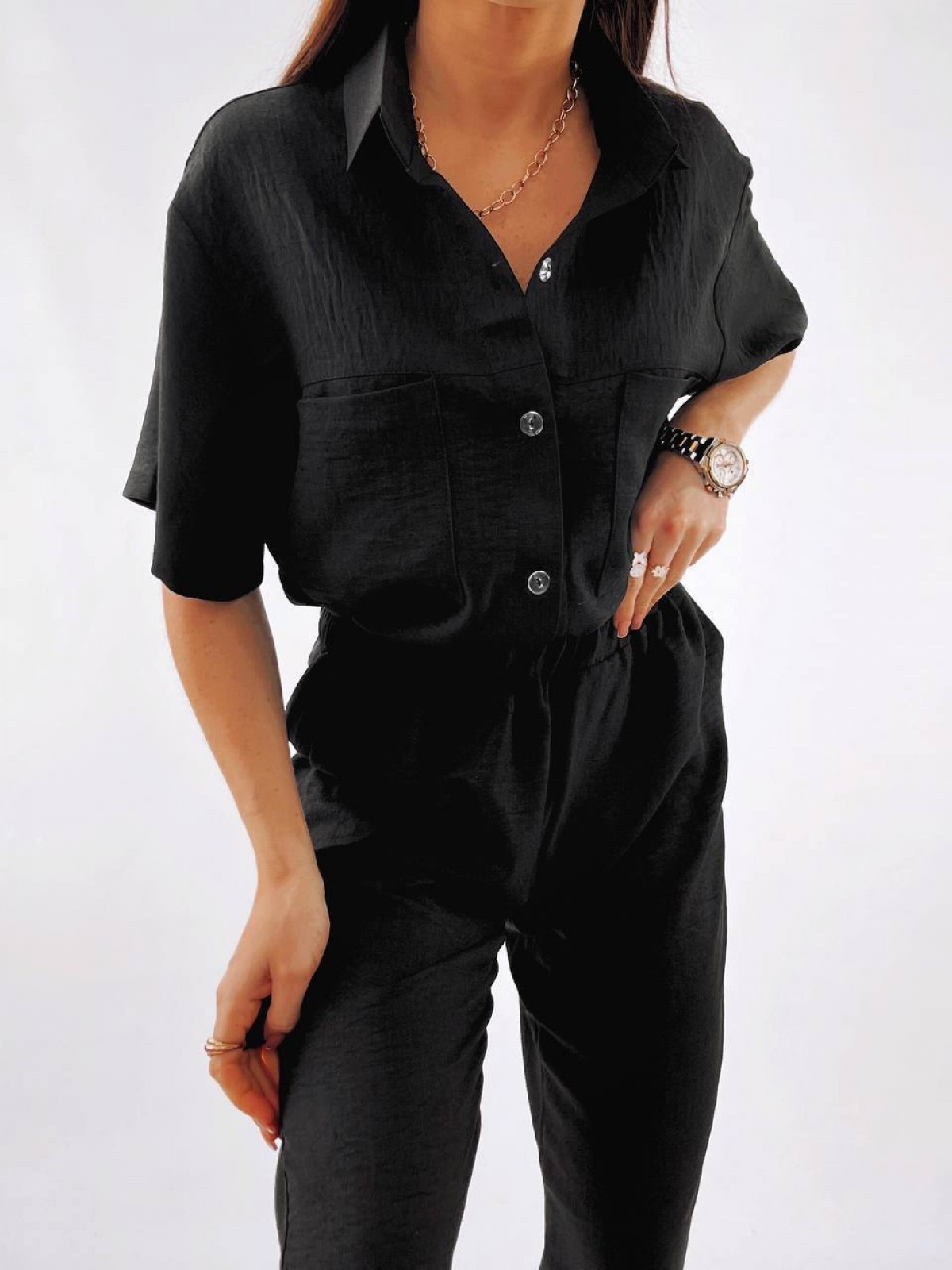 Жіночий лляний костюм сорочка та штани чорного кольору р.48/52 359207